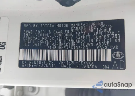 2015 Toyota Corolla S из США, поврежденный, VIN 2T1BURHE4FC433403